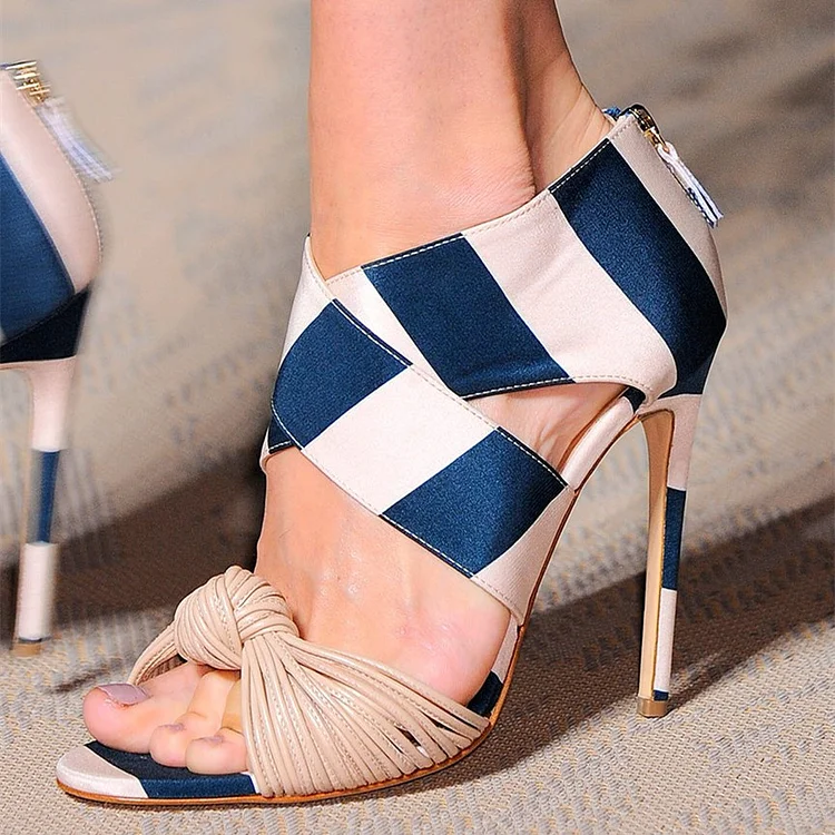 Blue and White Stripes Stiletto Heels Open Toe Strappy Sandals |FSJ Shoes