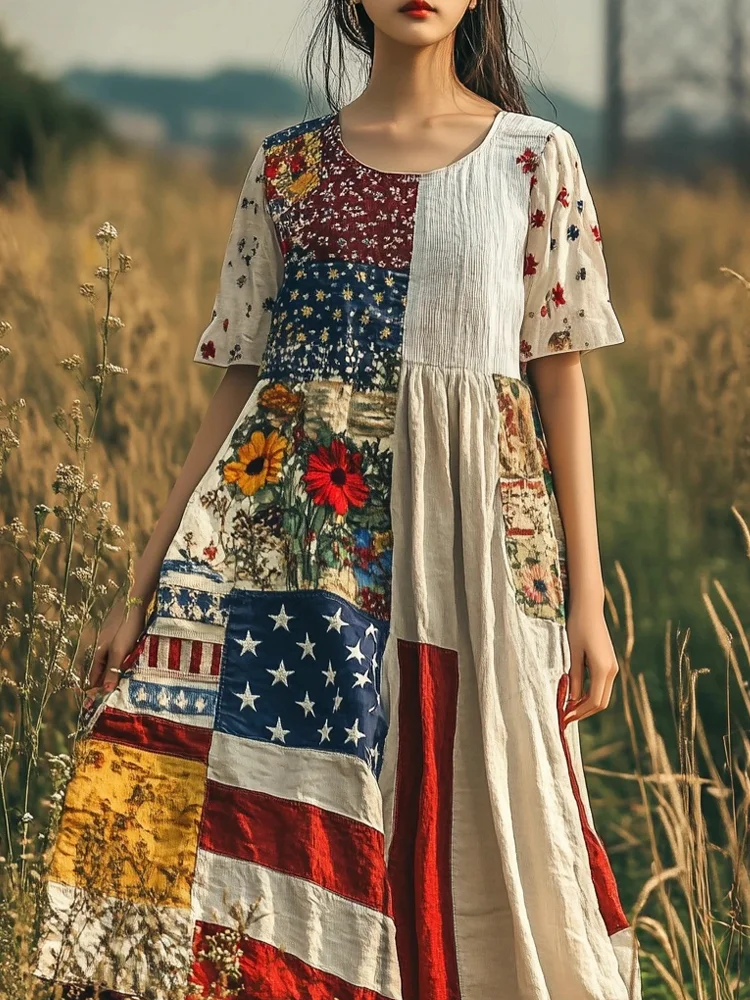 VChics American Flag Elements Vintage Boho Floral Women's Linen Maxi Dress