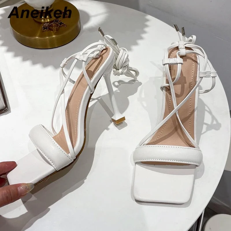 Aneikeh NEW Sexy Cross-Tied GREEN WOVEN PADDED STRAP LACE UP HEELS Sandal Thin Heels High Shoes For Women 2022 Sandals 35-42