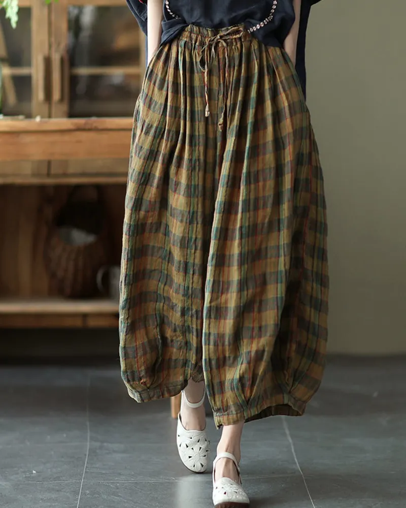 Plaid Pattern Drawstring Waistband Loose Wide Leg Pants