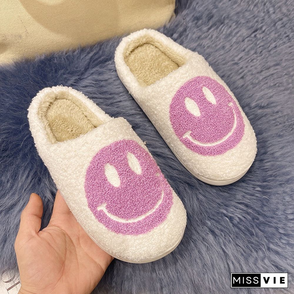 Winter House Girls Fur Slippers Cute Smiley Pattern Women Fluffy Warm Bedroom Ladies