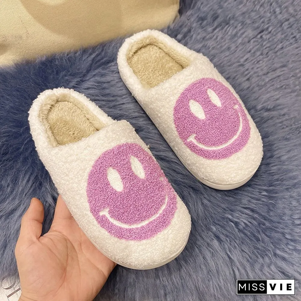 Winter House Girls Fur Slippers Cute Smiley Pattern Women Fluffy Warm Bedroom Ladies