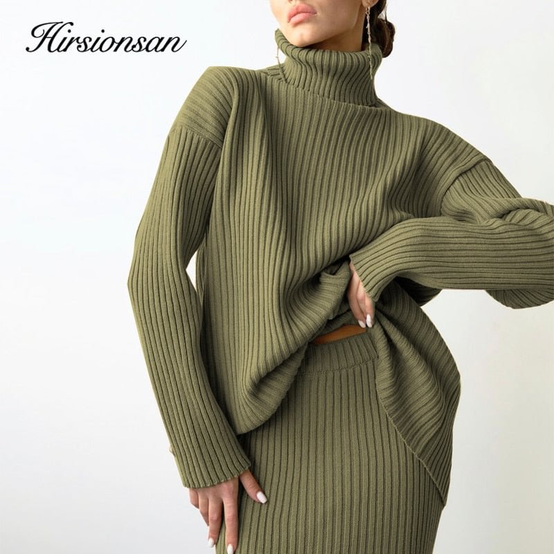 Hirsionsan Elegant Knitted Sets Women 2021 New Casual Two Pieces Turtle Neck Sweater and Midi Skirt Female Warm Suits with Skirt