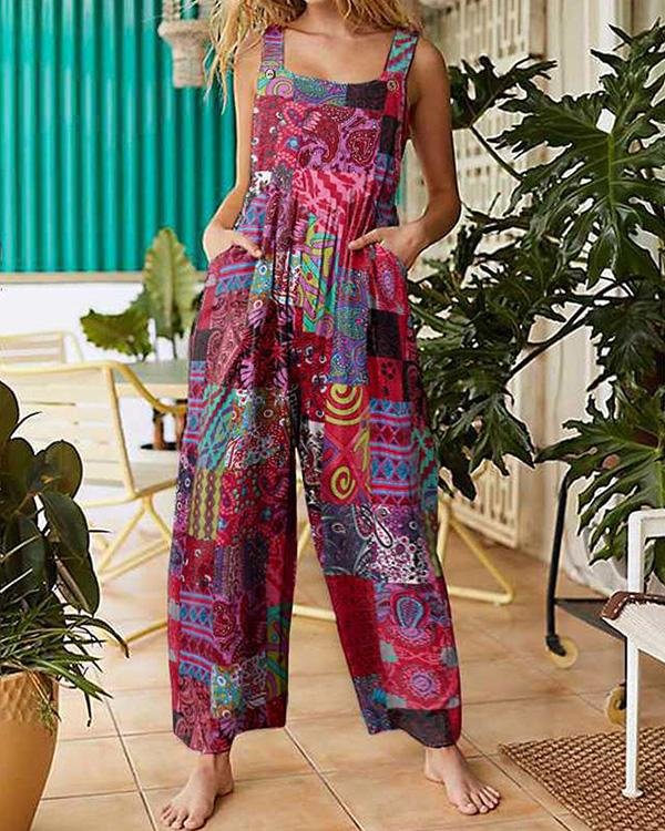Plus Size Loose Ethnic Print Straps Pockets Vintage Jumpsuit For Women