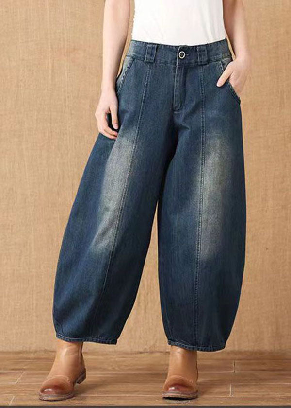 VCSHOES Denim Blue High Waist Pockets Patchwork Cotton Harem Pants Spring