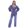 Women's Sequins Deep V-neck Long Sleeve Jumpsuit Trousers