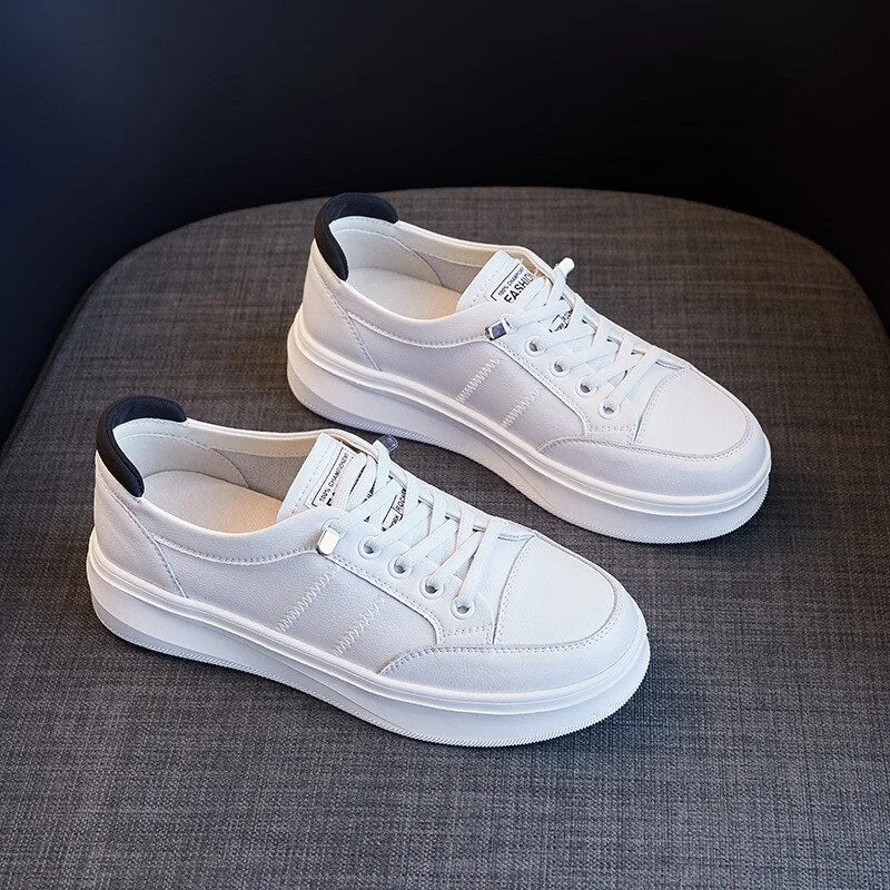 Women White Genuine Leather Sneakers Increase Platform Breathable Shoes 2021 New Fashion Casual Non-slip Walking Flats