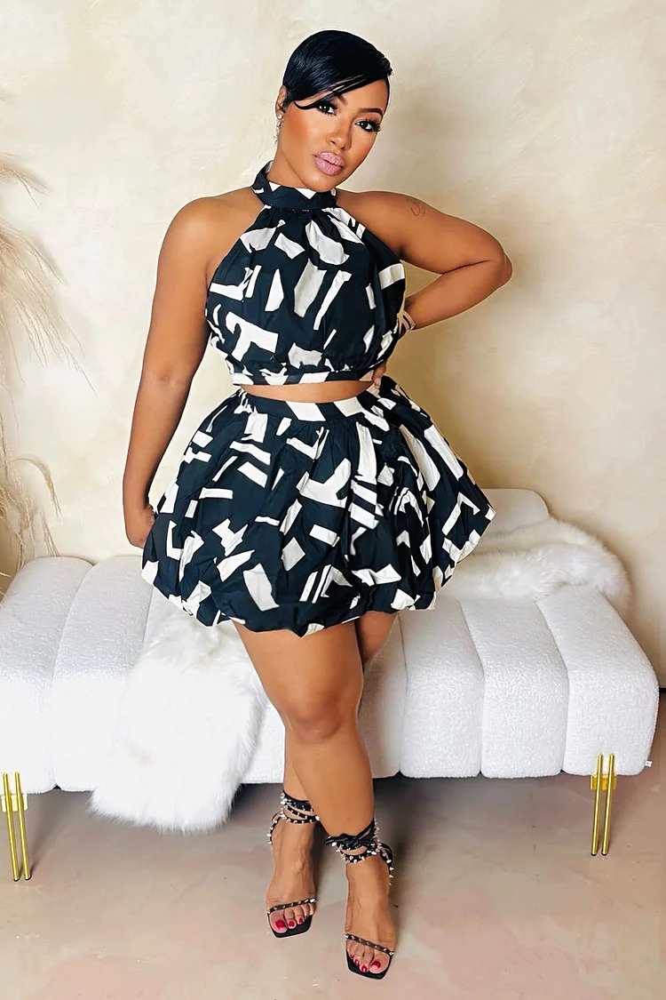Pattern Print Halter Crop Top Bubble Mini Skirt 2pcs Set-Black [Pre Order]