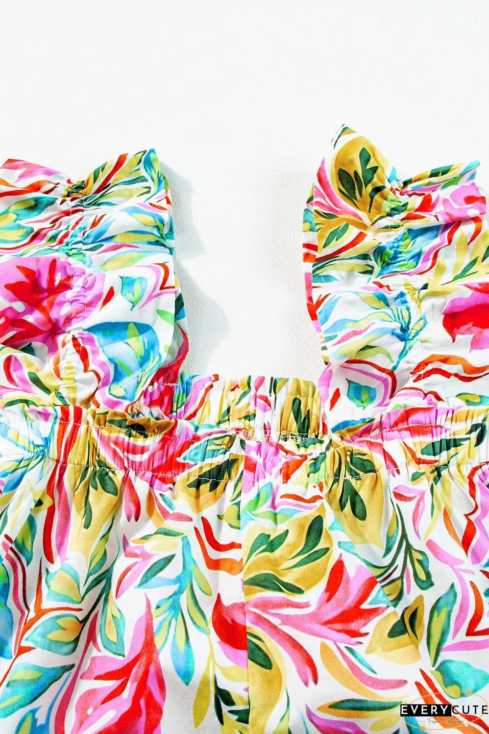 White Floral Print Ruffled Sleeveless Midi Dress