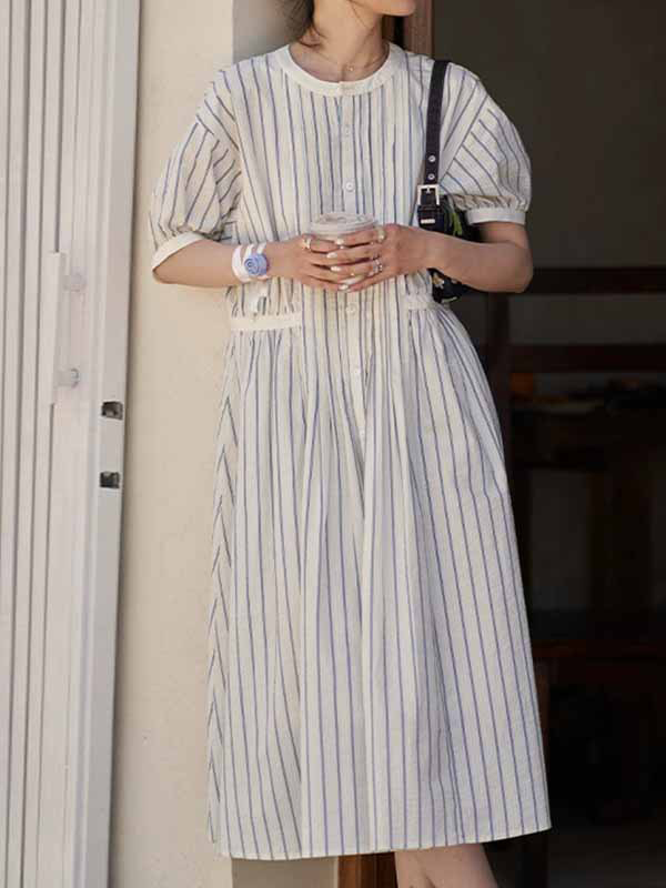 Loose Casual Striped Bubble Sleeve Midi Dress