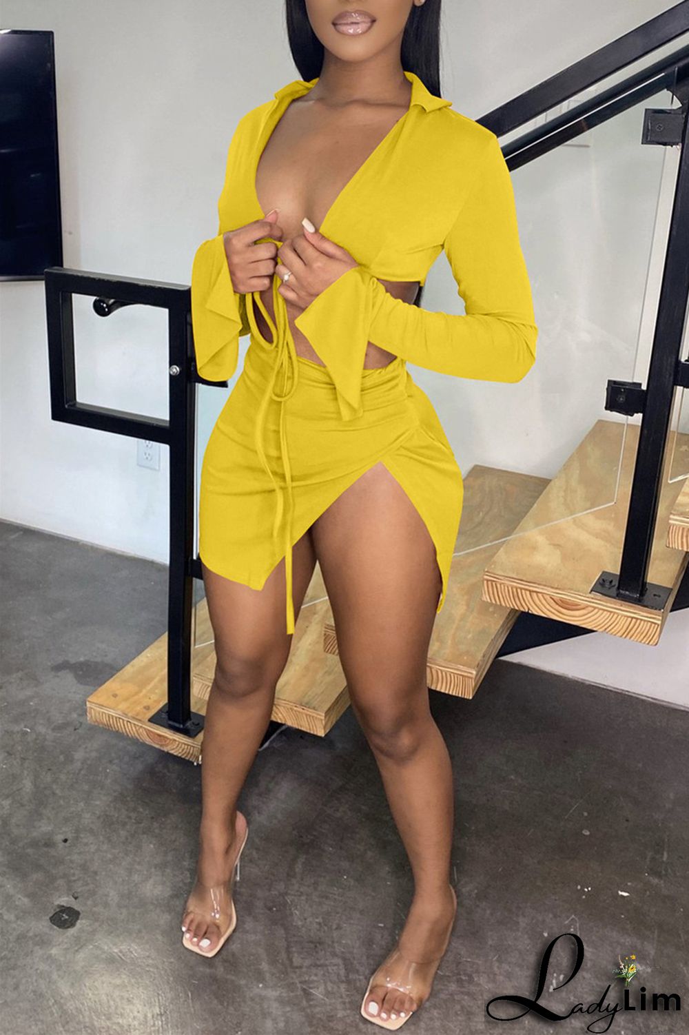 Yellow Fashion Sexy Solid Bandage Slit V Neck Long Sleeve Two Pieces