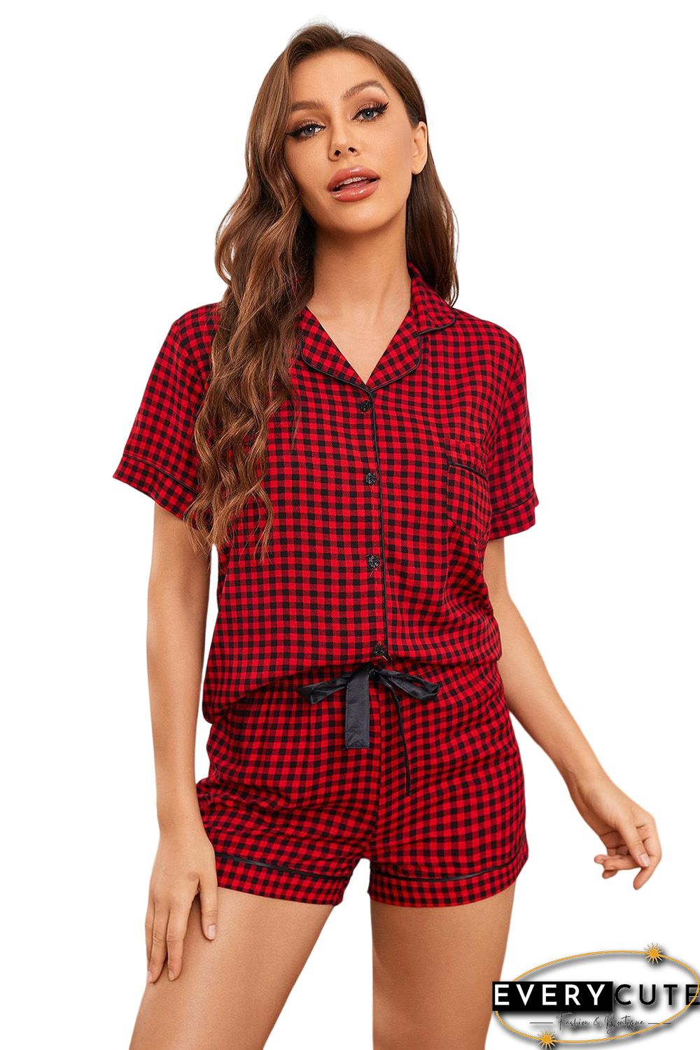 Red Plaid Short Sleeve Shirt and Drawstring Shorts Lounge Set