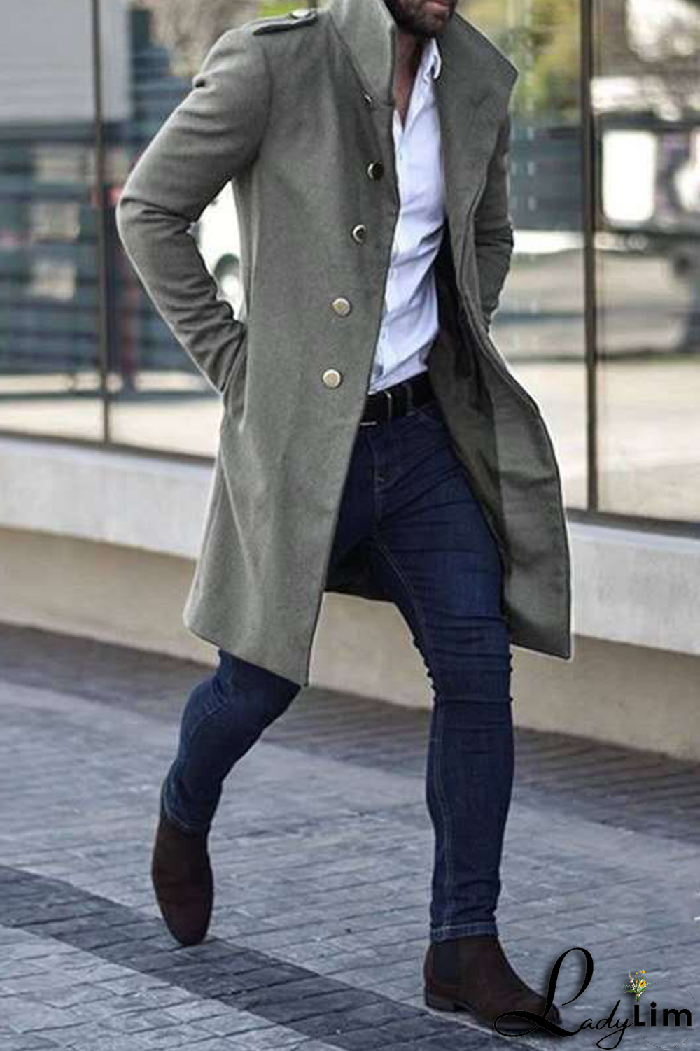 Light Gray Casual Solid Pocket Buckle Mandarin Collar Outerwear