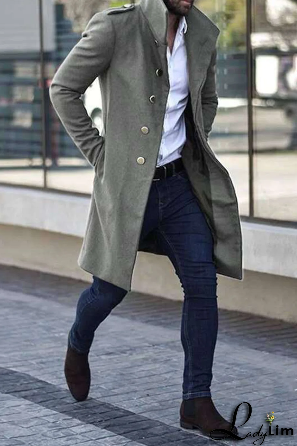 Light Gray Casual Solid Pocket Buckle Mandarin Collar Outerwear