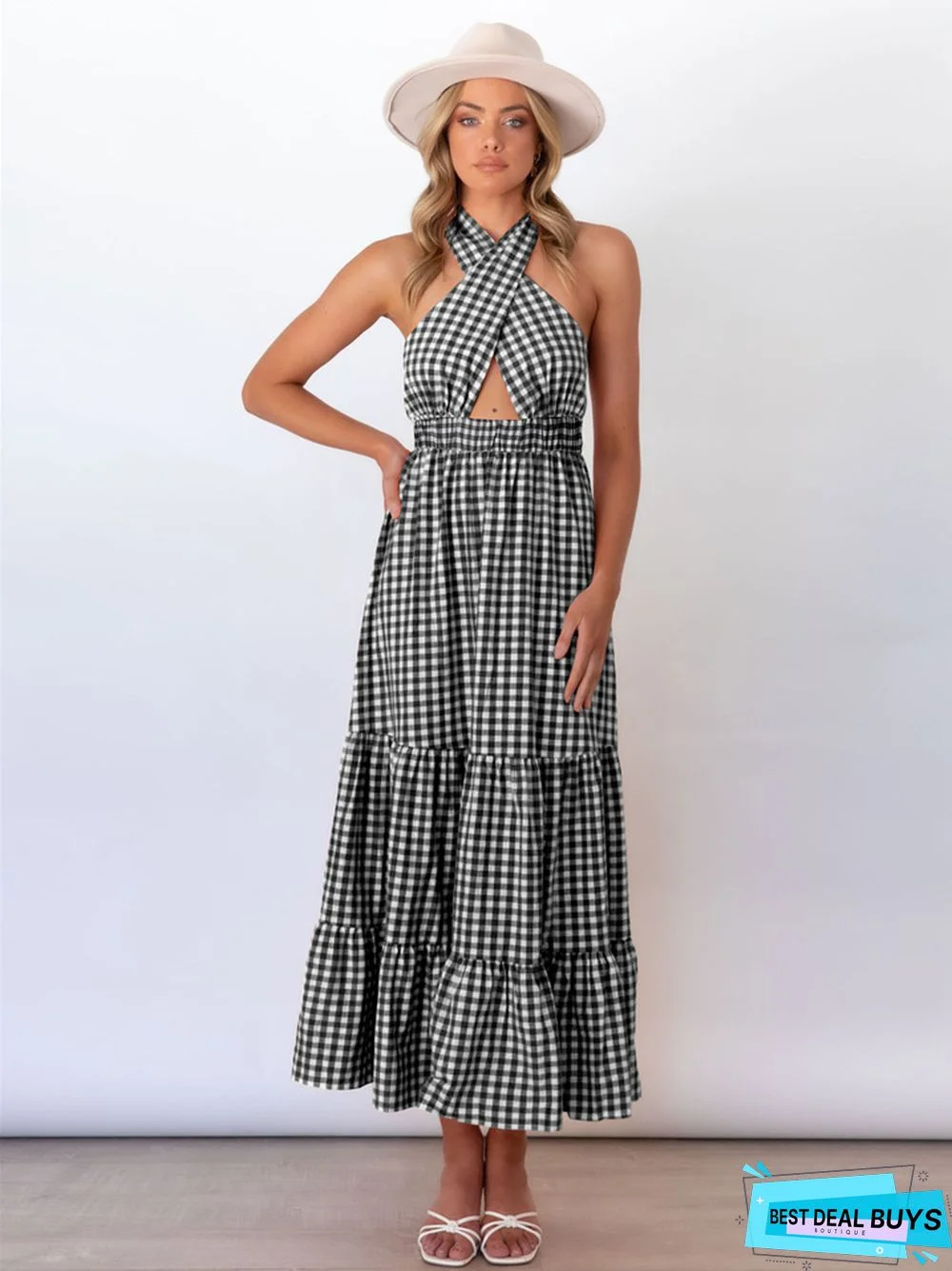 Sexy Backless Waist Dress Temperament Plaid Plus Size Black Dresses