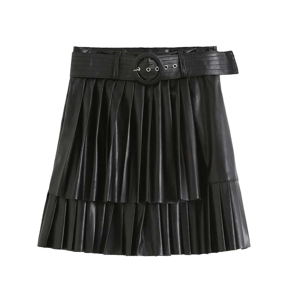 TRAF Women Fashion With Belt Faux Leather Pleated Mini Skirt VIntage High Waist Side Zipper Female Skirts Mujer