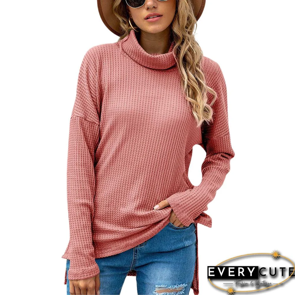 Pink Waffle High Neck Long Sleeve Tops