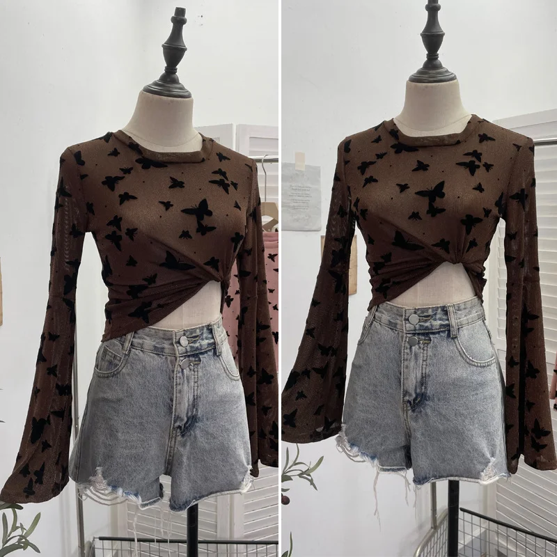 Churchf Real Shooting Spice Girl Butterfly Shiny Shiny Mesh Yarn Long-Sleeved T-Shirt Horn Sleeve Short Repair Body Jacket 8031