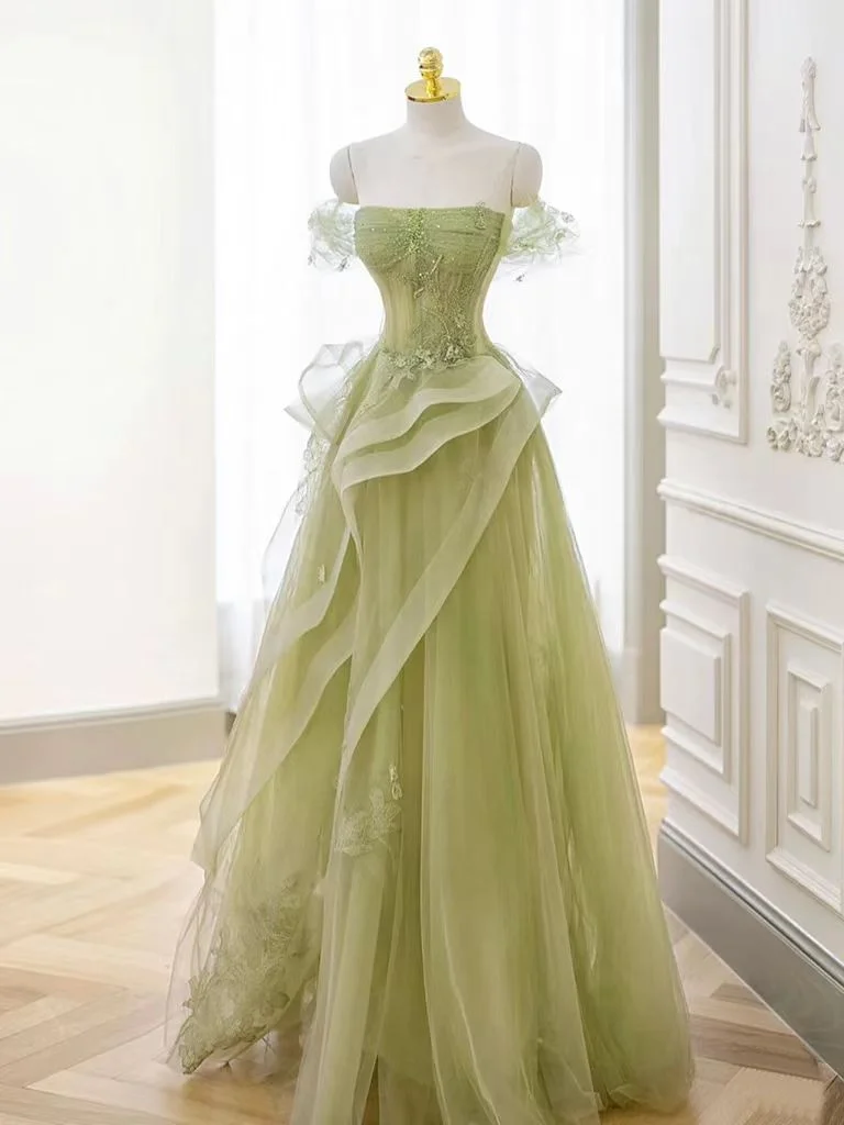 Oknass Tulle Off the Shoulder Sleeveless Long Prom Dress With Appliques