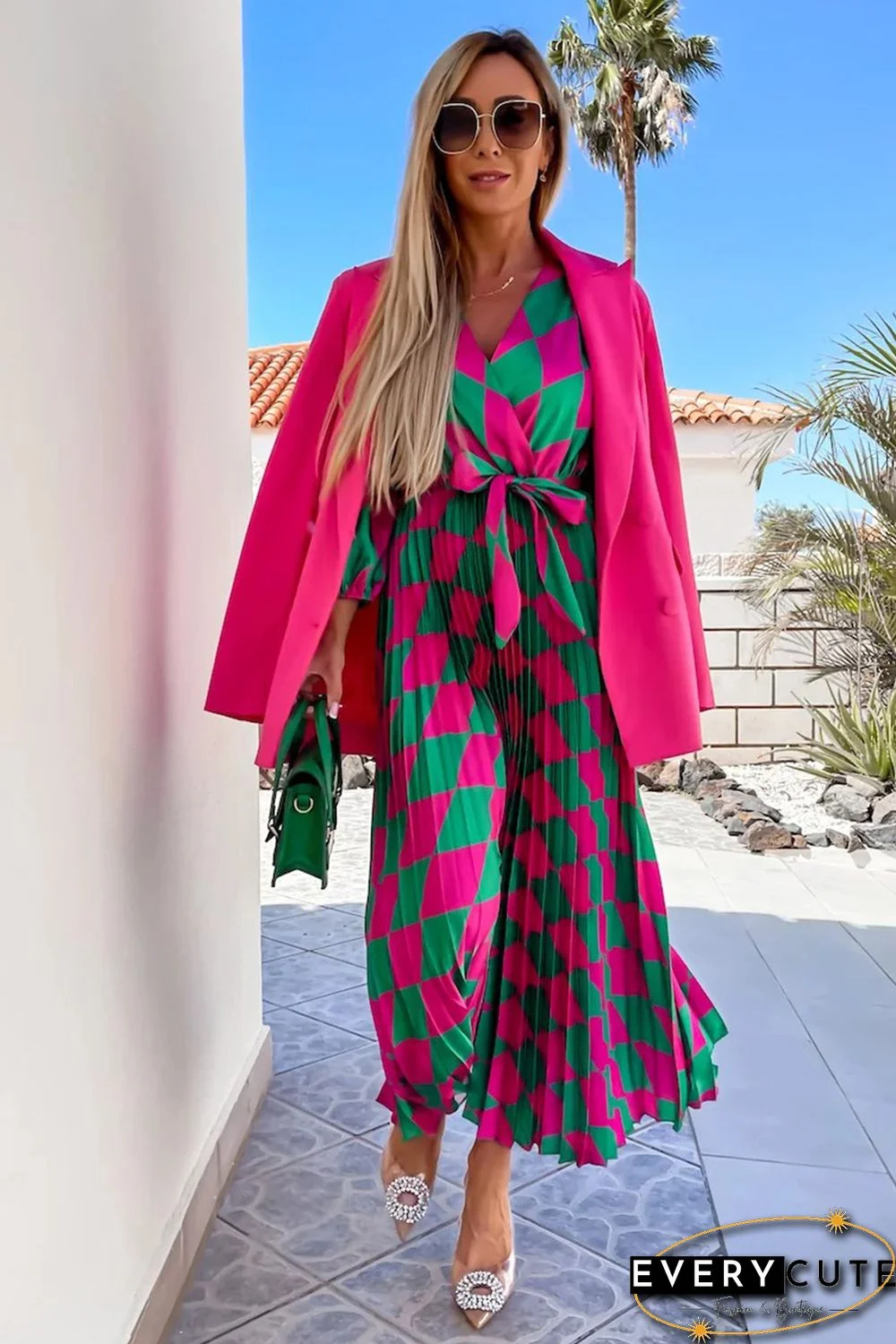 Multicolor Rhombus Contrast Color Block Belted Maxi Dress