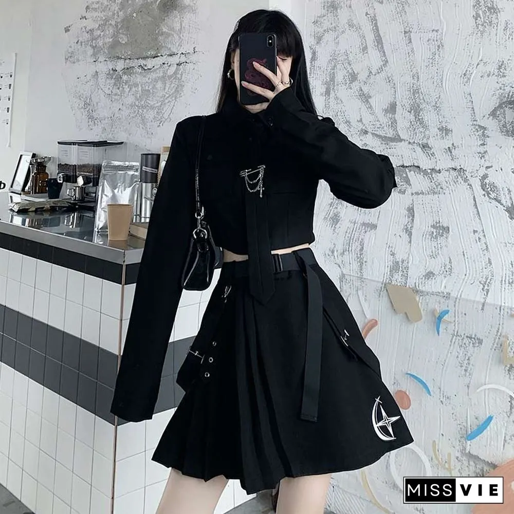 Cool Pocket Shirt Pleated Skirt Tie Set