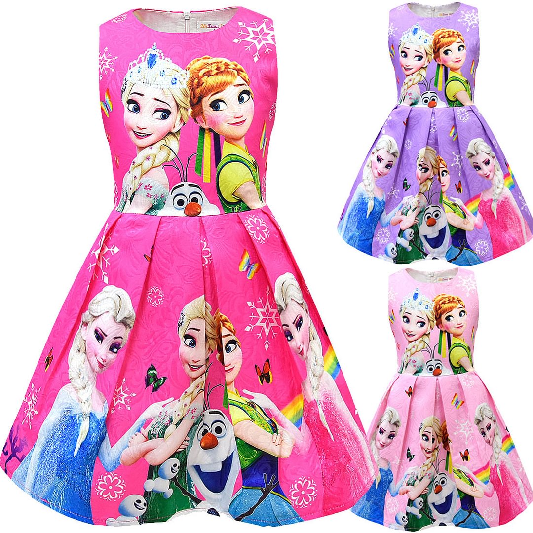 Girls Anna Elsa 2 Dress Girls Kids Party Birthday Dress Sleeveless Dress Frozen Princess Dress-Pajamasbuy