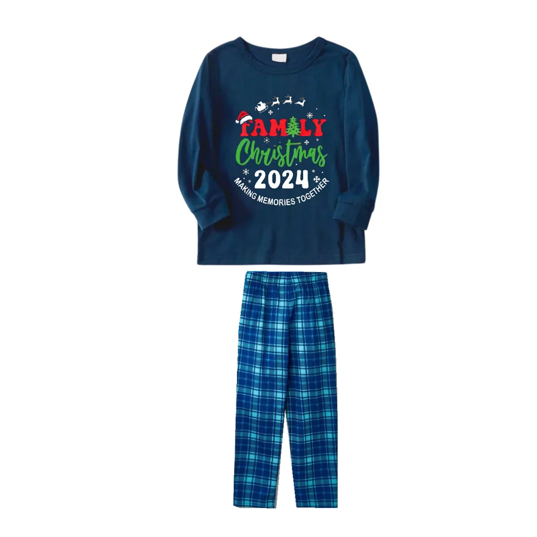 "Family Christmas 2024" Printed Blue Plaid Christmas Matching Pajamas