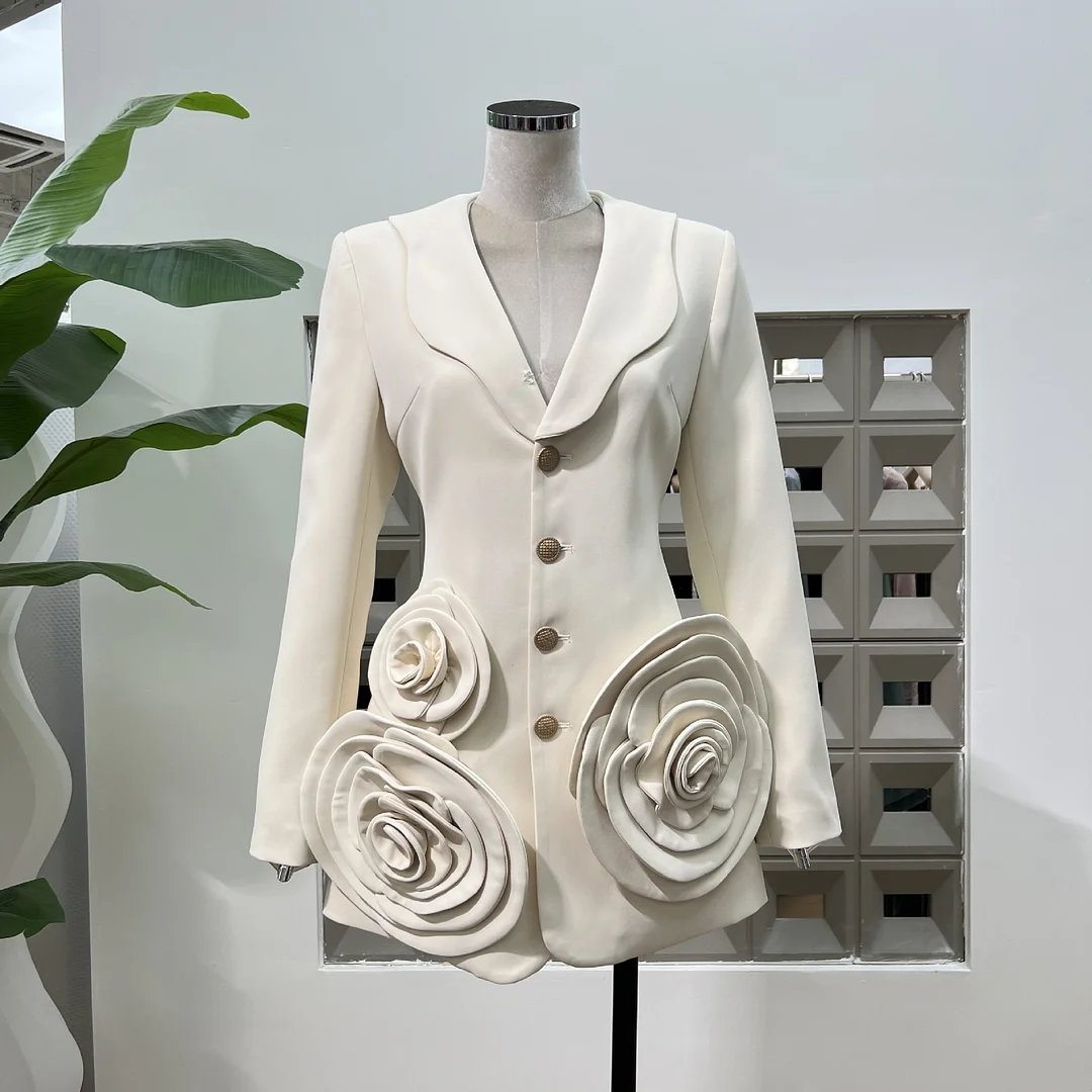 Brownm Sweet And Cool Early Spring New Hip Collar Three-Dimensional Handmade Flowers A Version Of High-End Blazer Over The Hip