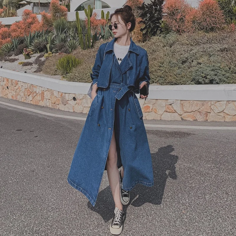 England Style Long Oversize Denim Trench Coat Women Windbreaker Double-Breasted Lady Duster Coat Cloak Spring Autumn Outerwear