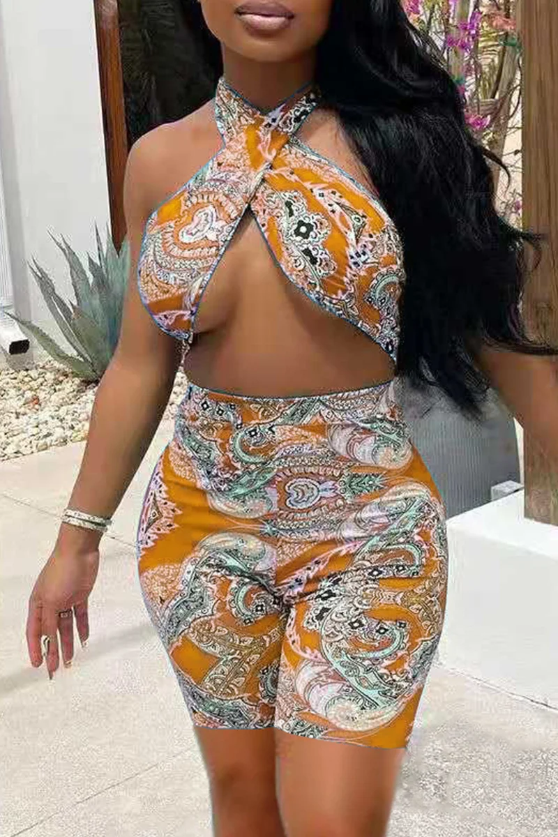Yellow Fashion Sexy Print Hollowed Out Backless Halter Skinny Romper | EGEMISS
