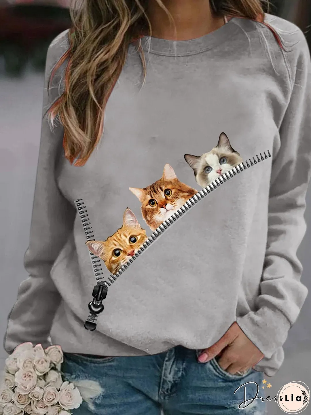 Women's T-Shirts Zip Cat Print Round Neck Long Sleeve T-Shirt