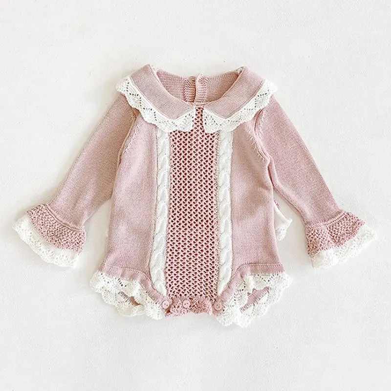 2020 Autumn Newborn Girls Jumpsuits Clothes Baby Knit Lotus Leaf Collar Rompers + Hat Knitted Long Sleeve Children Rompers