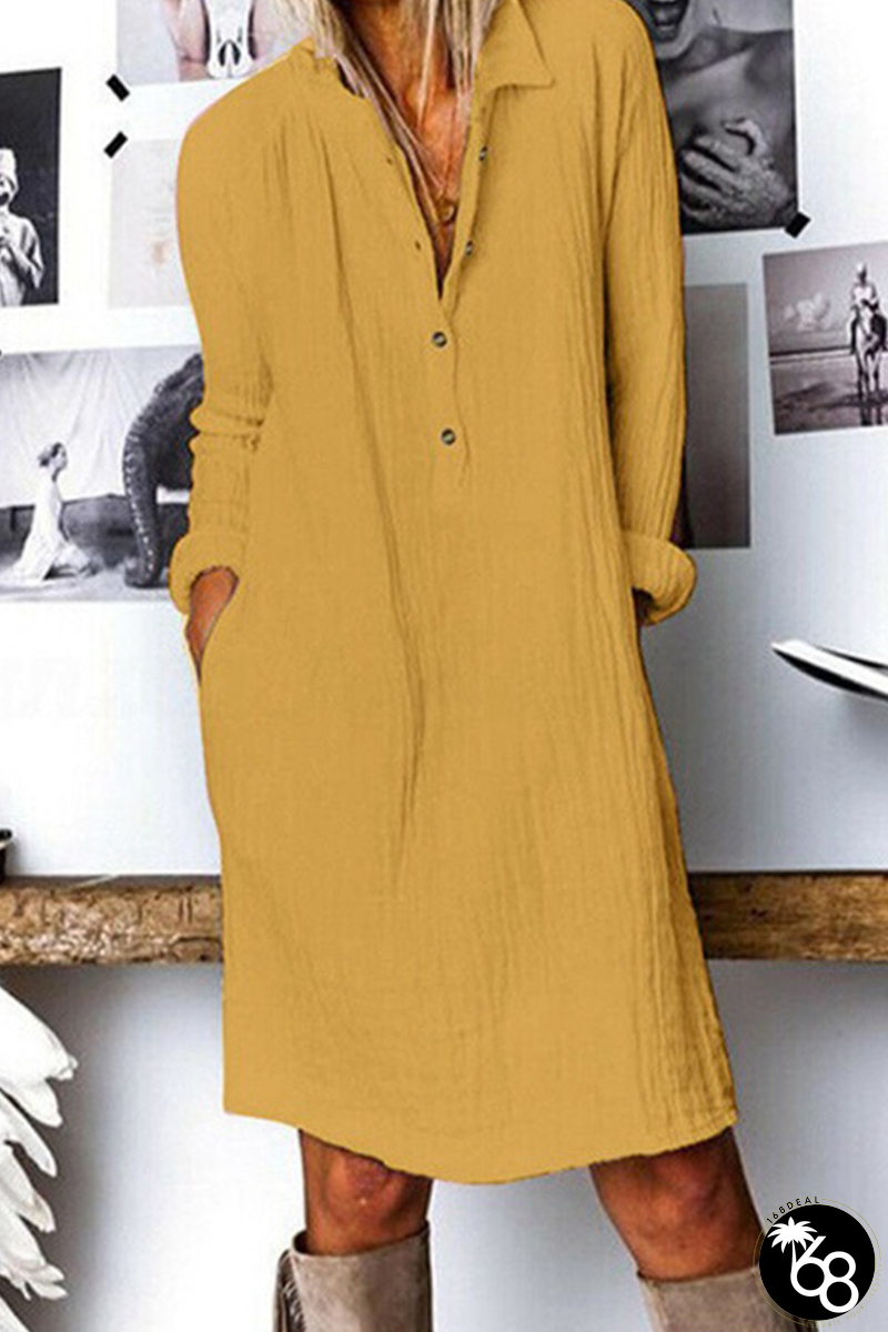 Casual Street Solid Buckle Turndown Collar Dresses(3 Colors) | 168DEAL