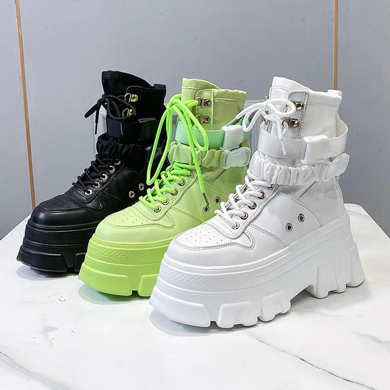 Green Punk Chunky Platform Motorcycle Boots Women Autumn Winter Gothic Shoes Woman Thick Bottom Lace Up Ankle Botas Mujer