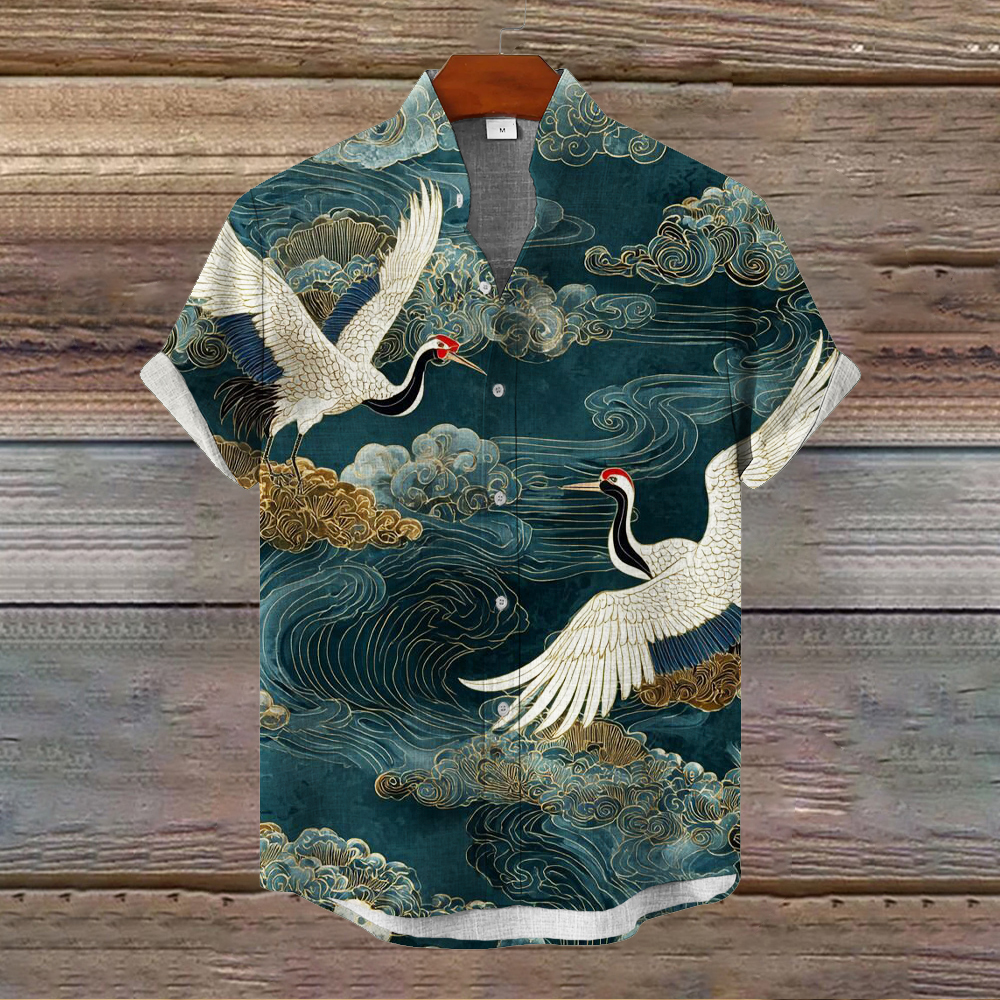 Japanese Crane Art Pattern Men's Linen Short Sleeve Shirt  artssus