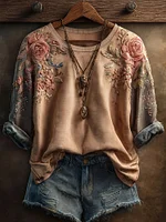 Women's Retro Rose Color Block Casual Long-sleeve T-shirt