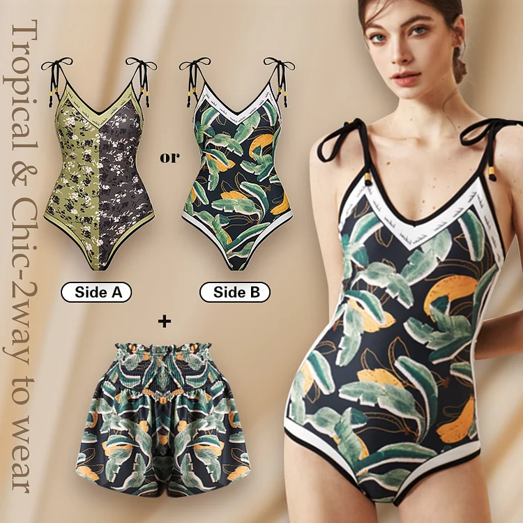 Flaxmaker Reversible Splicing Vintage Print Swimsuit and Shorts