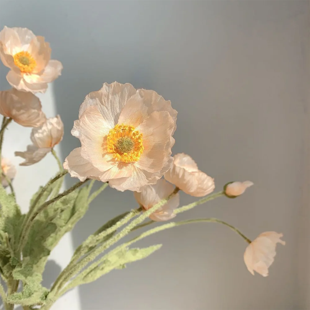 Peach Yellow Silk Poppy Flower - 23"