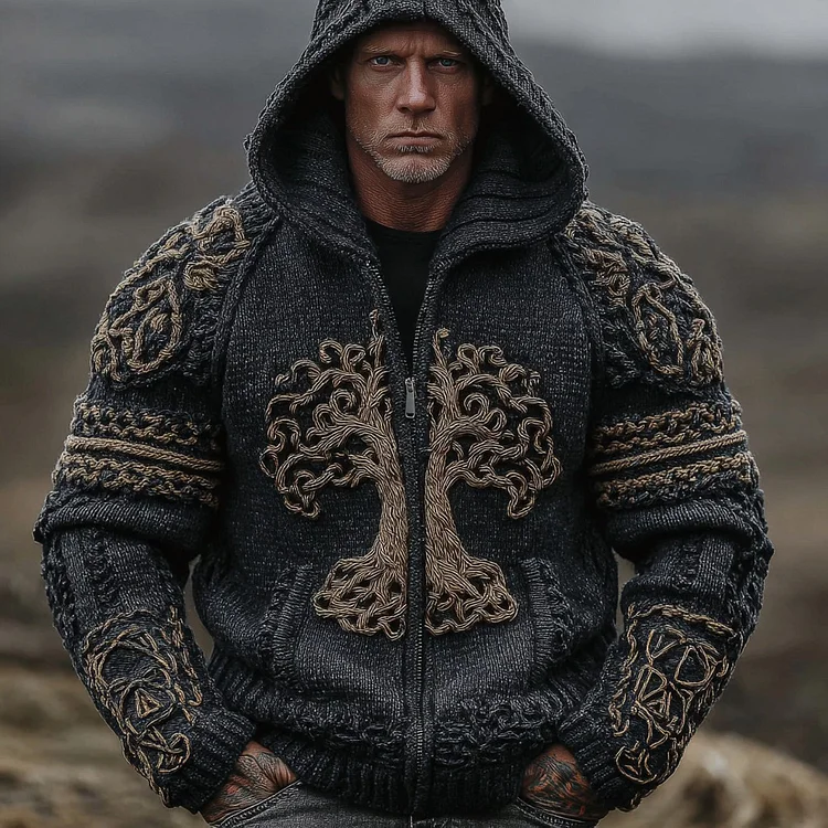 Men's Vintage Viking Life Of Tree Jacquard Knit Zipper Aran Sweater Hooded Cardigan
