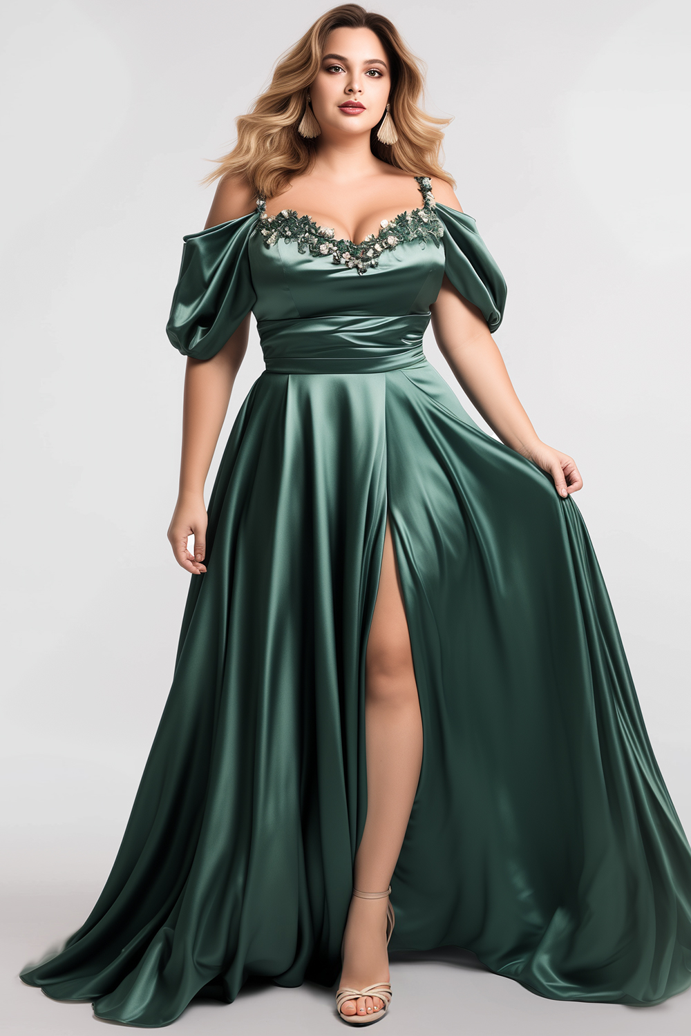 Flycurvy Plus Size Wedding Guest Emerald Green Satin Flower Decoration Tunic Slit Maxi Dress