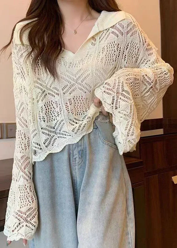 Stylish Apricot Peter Pan Collar Hollow Out Knit Top Summer