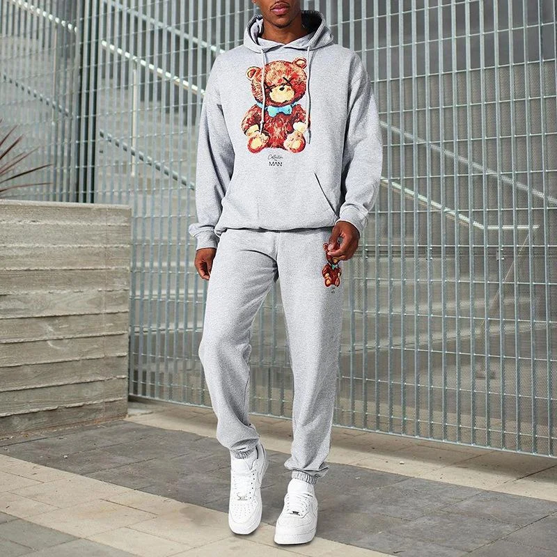 Bear print casual sweatshirt trousers sports casual suit