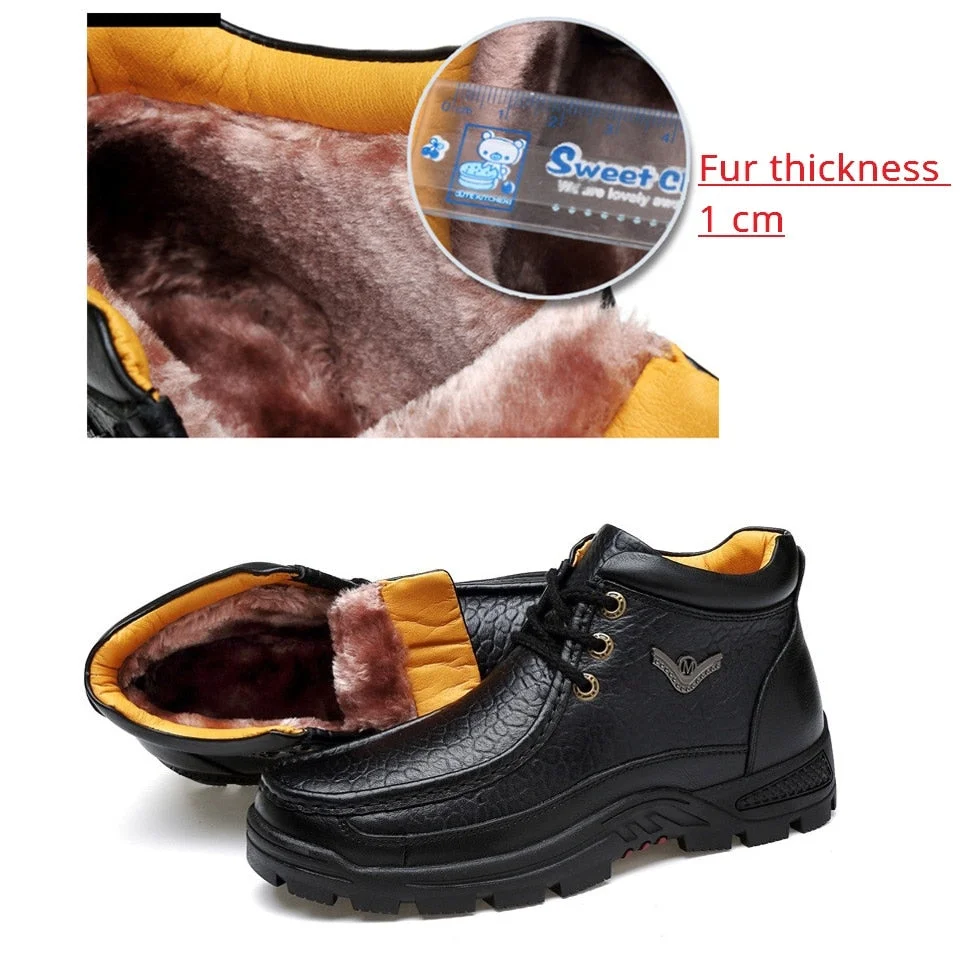 Genuine Leather Mens Shoes Fur Ankle Boots Business Warm Winter Shoes Snow Mens Boot Lace Up Work Shoes Male Plush WalkerPeak