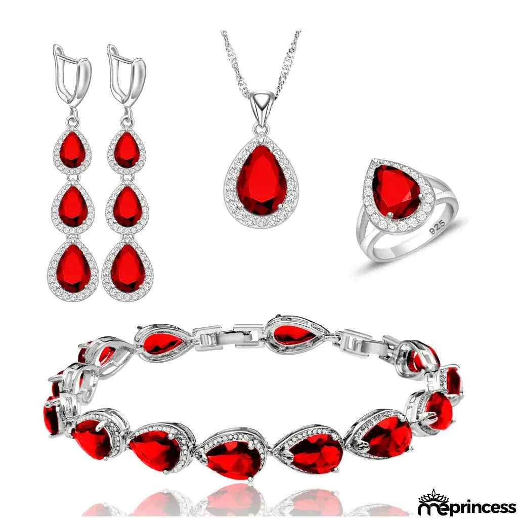 Women's Sterling Silver Ruby Water Drop Pattern Trendy Jewelry Set