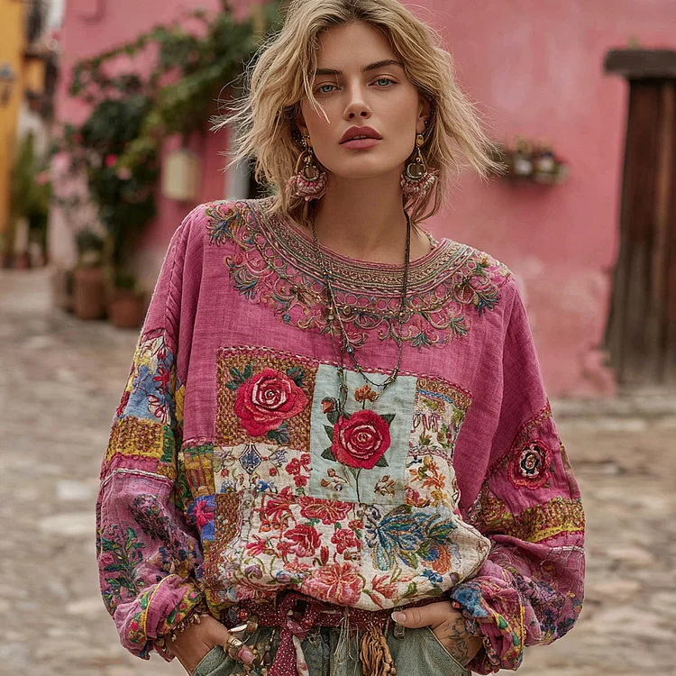Women's Vintage Bohemian Rose And Floral Ethnic Embroidered Patchwork Linen Tunic
