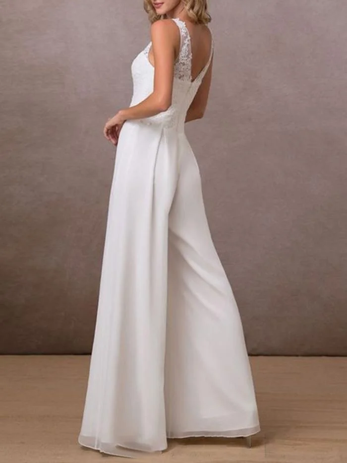 Sexy Chiffon V-neck Mid-rise White Jumpsuit