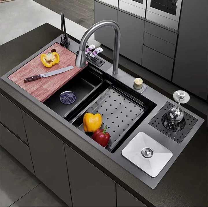 Waterfall Workstation Kitchen Sink with Cup Washer, Garbage Disposal & Knife Holder