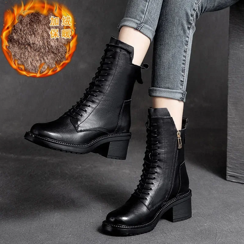 GKTINOO 2022 Cow Leather Quality Women Shoes Autumn Winter Square Med Heel Ankle Boots Lace Up Zipper Ladies Pumps Size 35-40