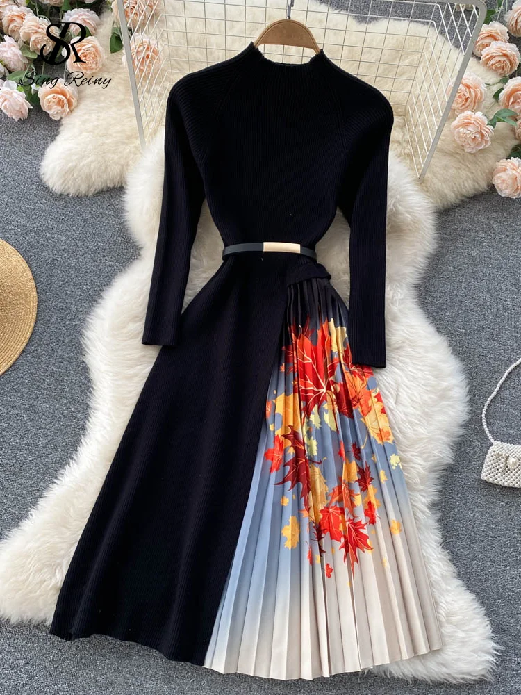 Huibahe Women Elegant French Dress Design Splice Gradient Pleated A-line Knitted Dresses Autumn Fashion Streetwear Midi Dress