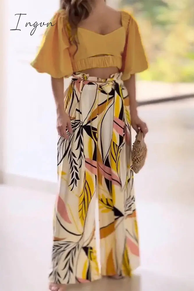 Sexy Vacation Floral Patchwork V Neck Short Sleeve Two Pieces Yellow / S Pieces/Two-Piece Pants Set